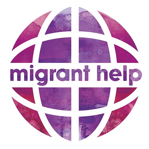 Migrant Help logo with a purple globe grid pattern design resembling latitude and longitude lines